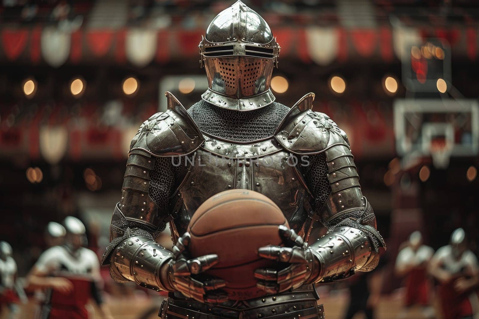 Medieval knight basketball player stands with a basketball before the game in the background of the arena.