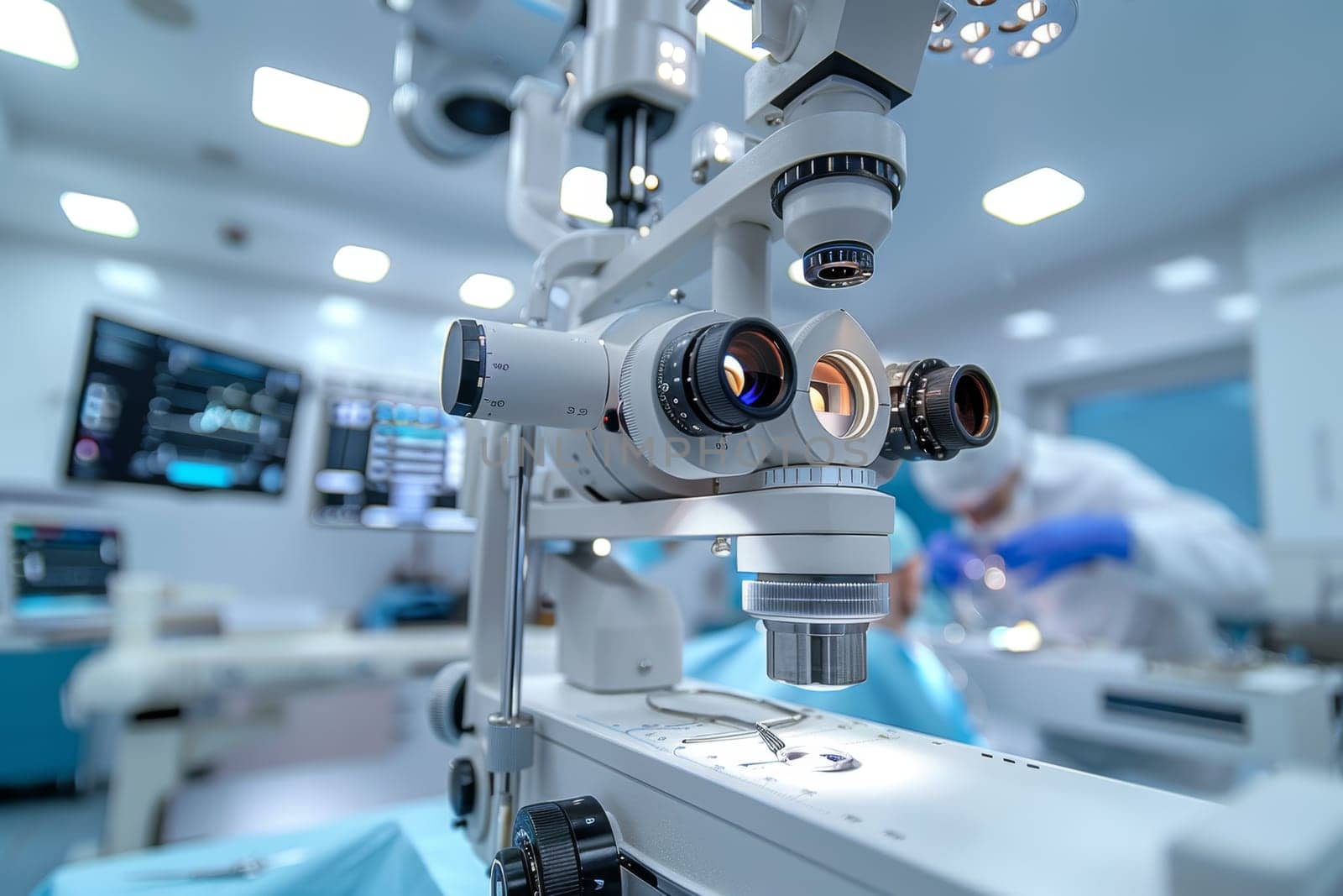 A surgical microscope in the operating room of a modern ophthalmological clinic. Vision correction, cataract treatment.