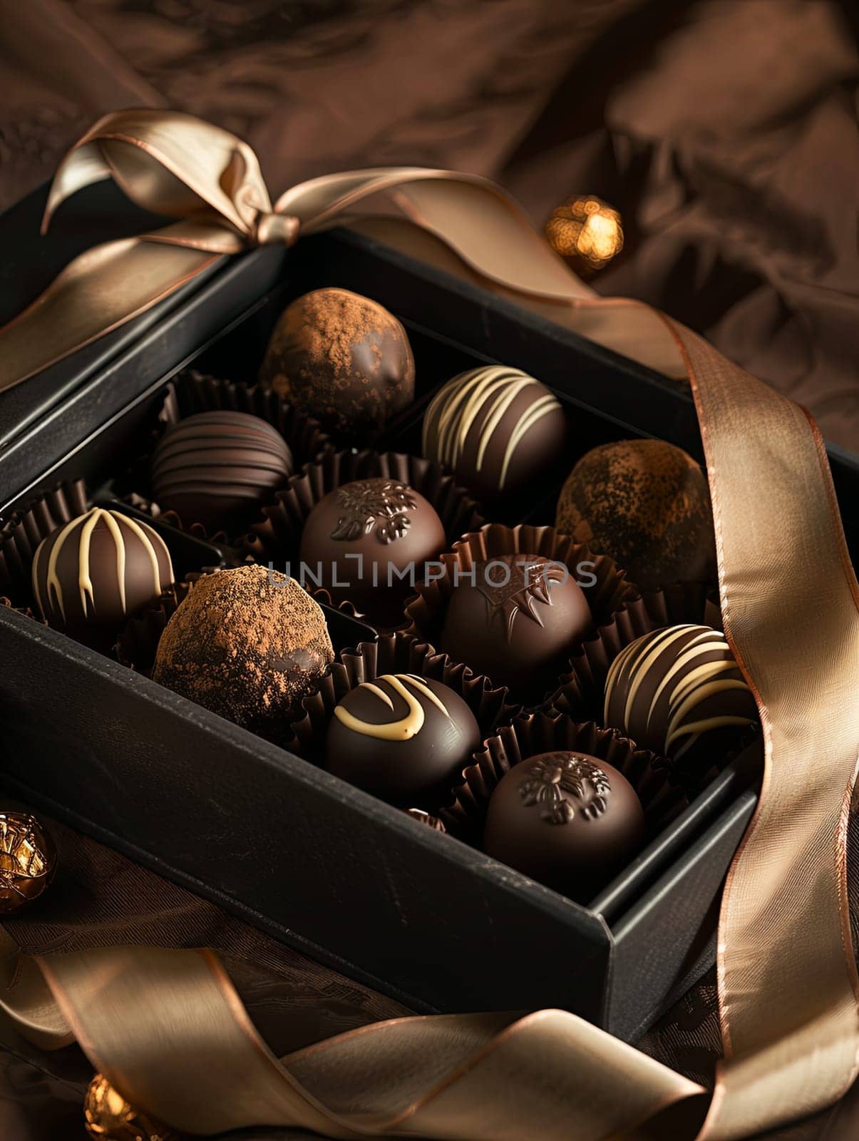 Elegant box of chocolate truffles adorned with ribbons, showcasing rich dark colors in a luxurious presentation.