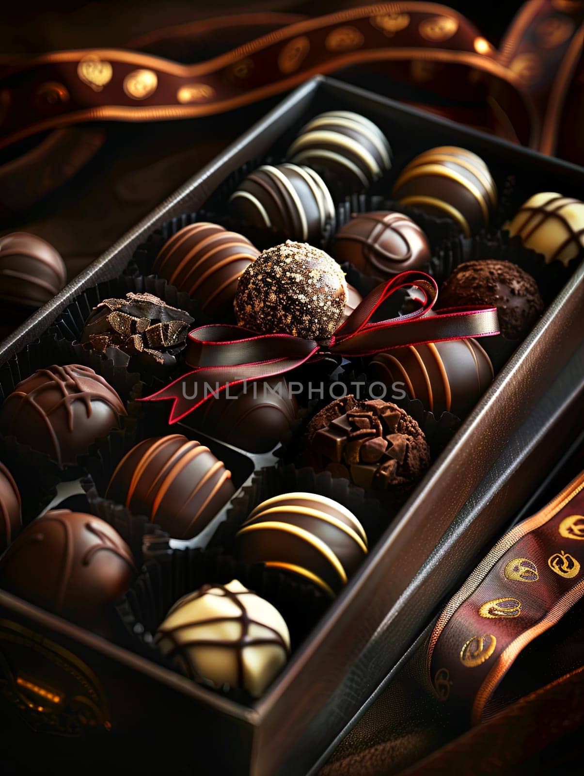 Box of assorted chocolate truffles elegantly wrapped with a red ribbon, luxurious presentation.