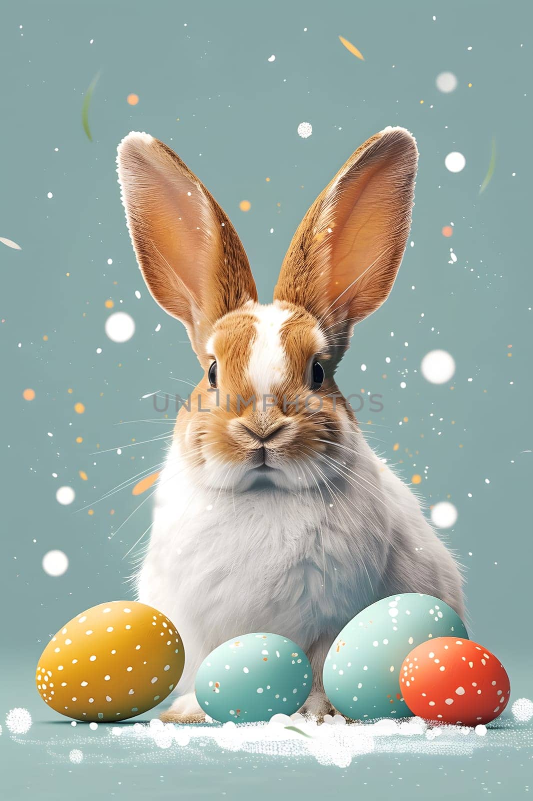 A domestic brown and white rabbit, with whiskers and long ears, is surrounded by colorful Easter eggs in a still life photography capturing the festive event