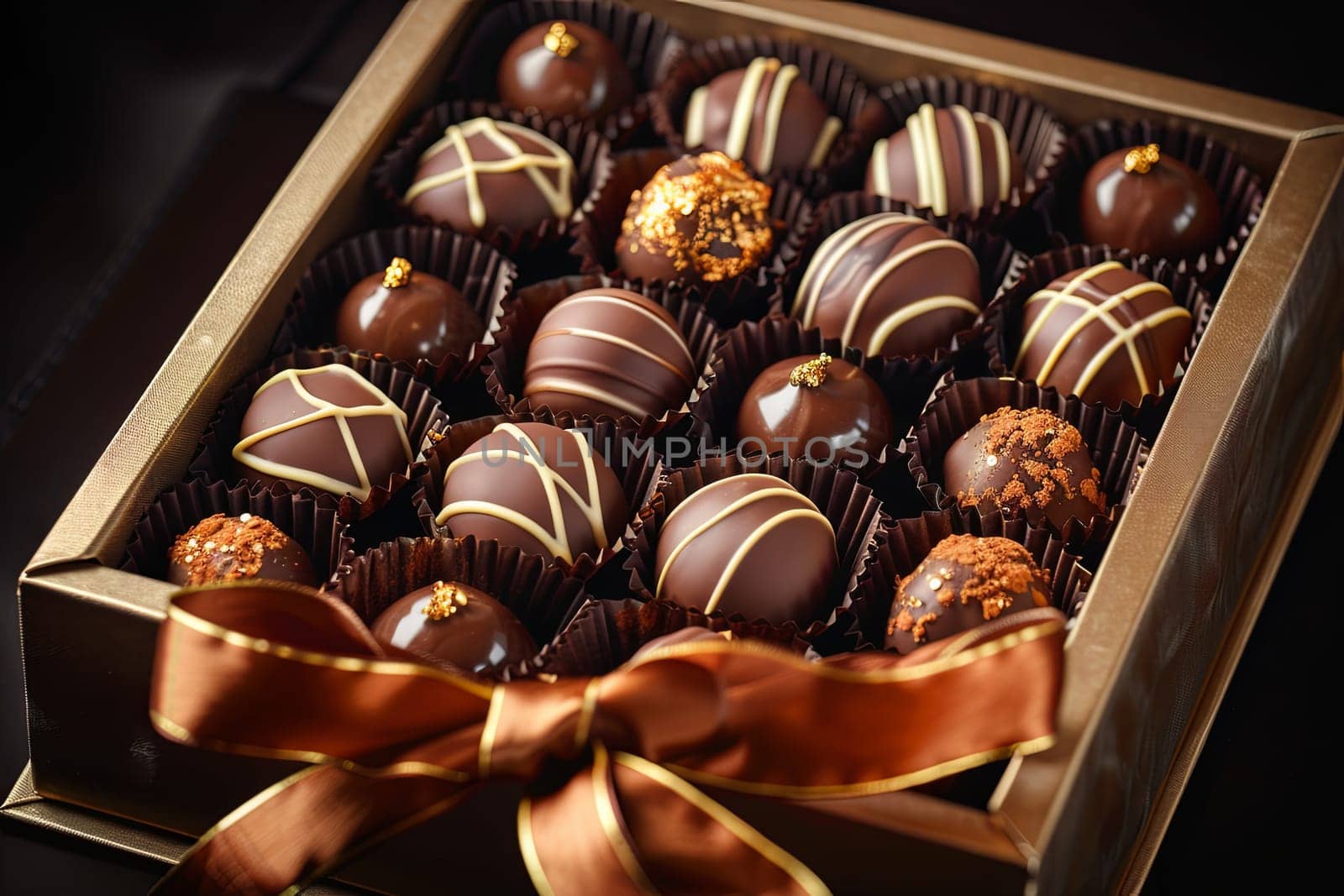 High-detail box of chocolate truffles adorned with elegant ribbon in rich dark colors.