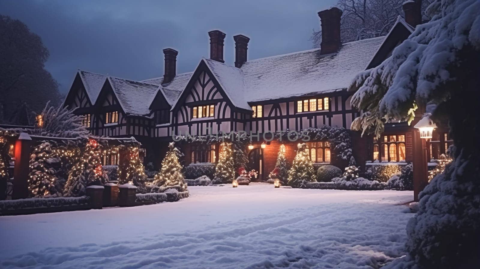 Christmas in the countryside manor, English country house mansion decorated for holidays on a snowy winter evening with snow and holiday lights, Merry Christmas and Happy Holidays design