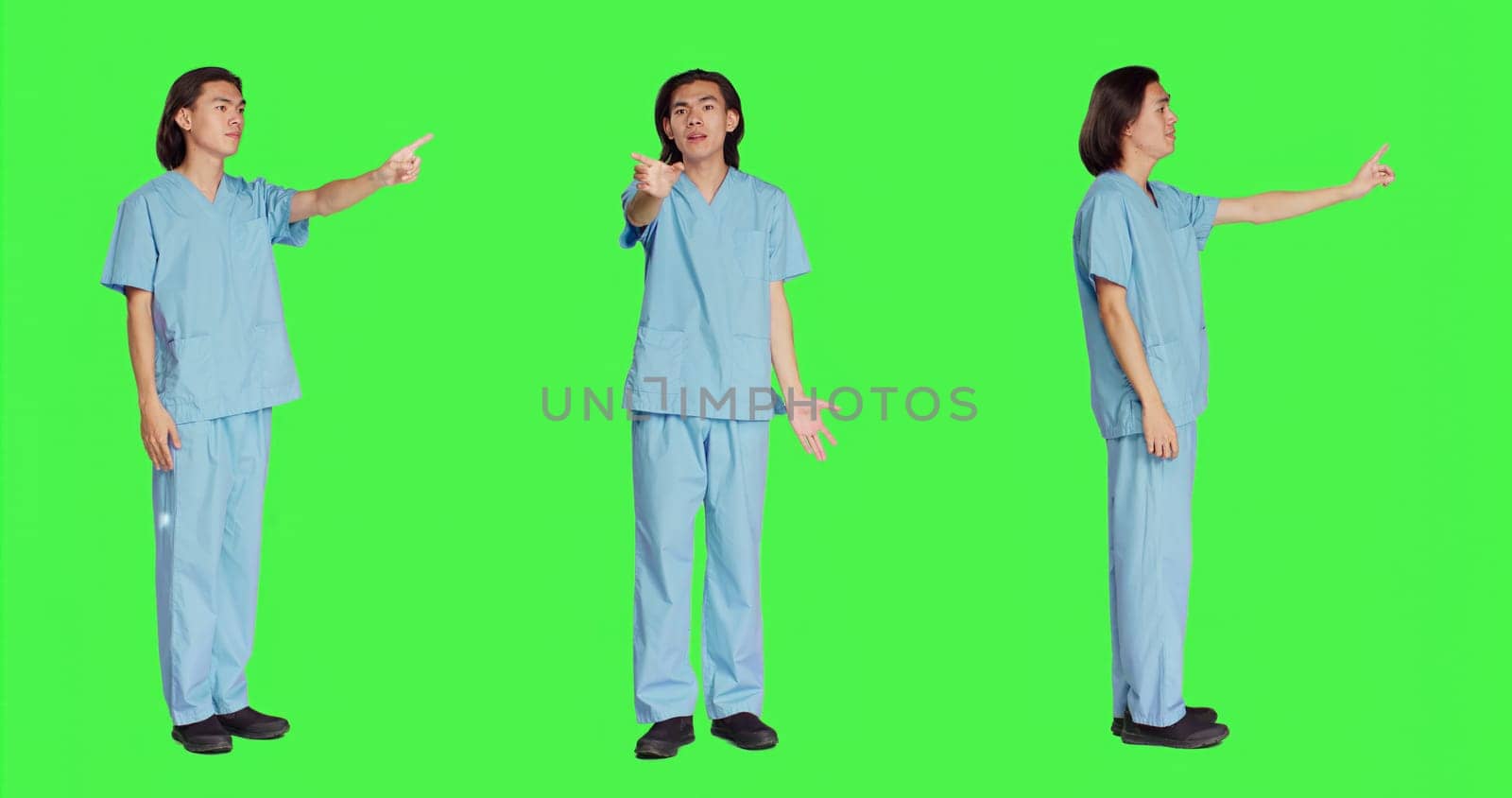 Medical specialist doing no sign on camera, presenting negative reaction and his disapproval. Asian healthcare nurse being displeased and disappointed about something, disagreeing.
