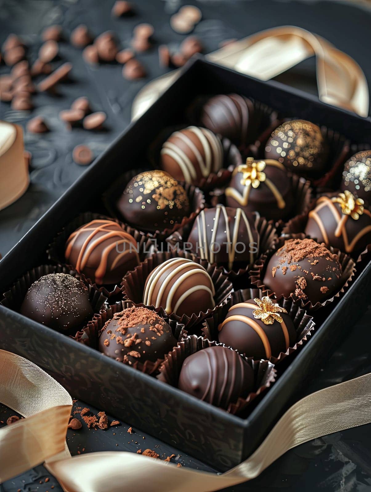 Luxurious box of assorted chocolates with elegant ribbons on a table.