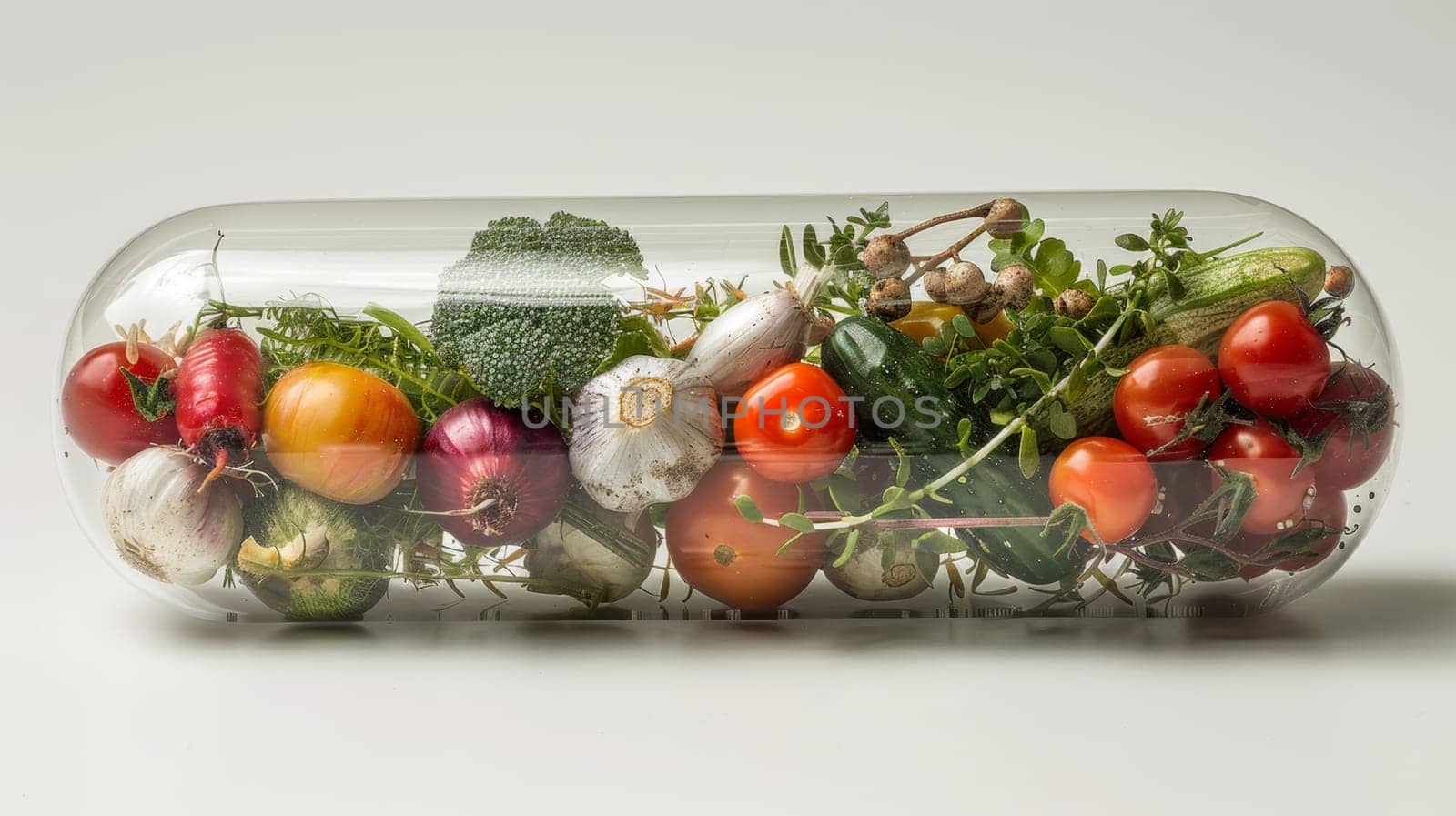 Vegetables and fruits inside the vitamin rich capsule on a white background . Natural products containing dietary fiber and minerals are good for health.