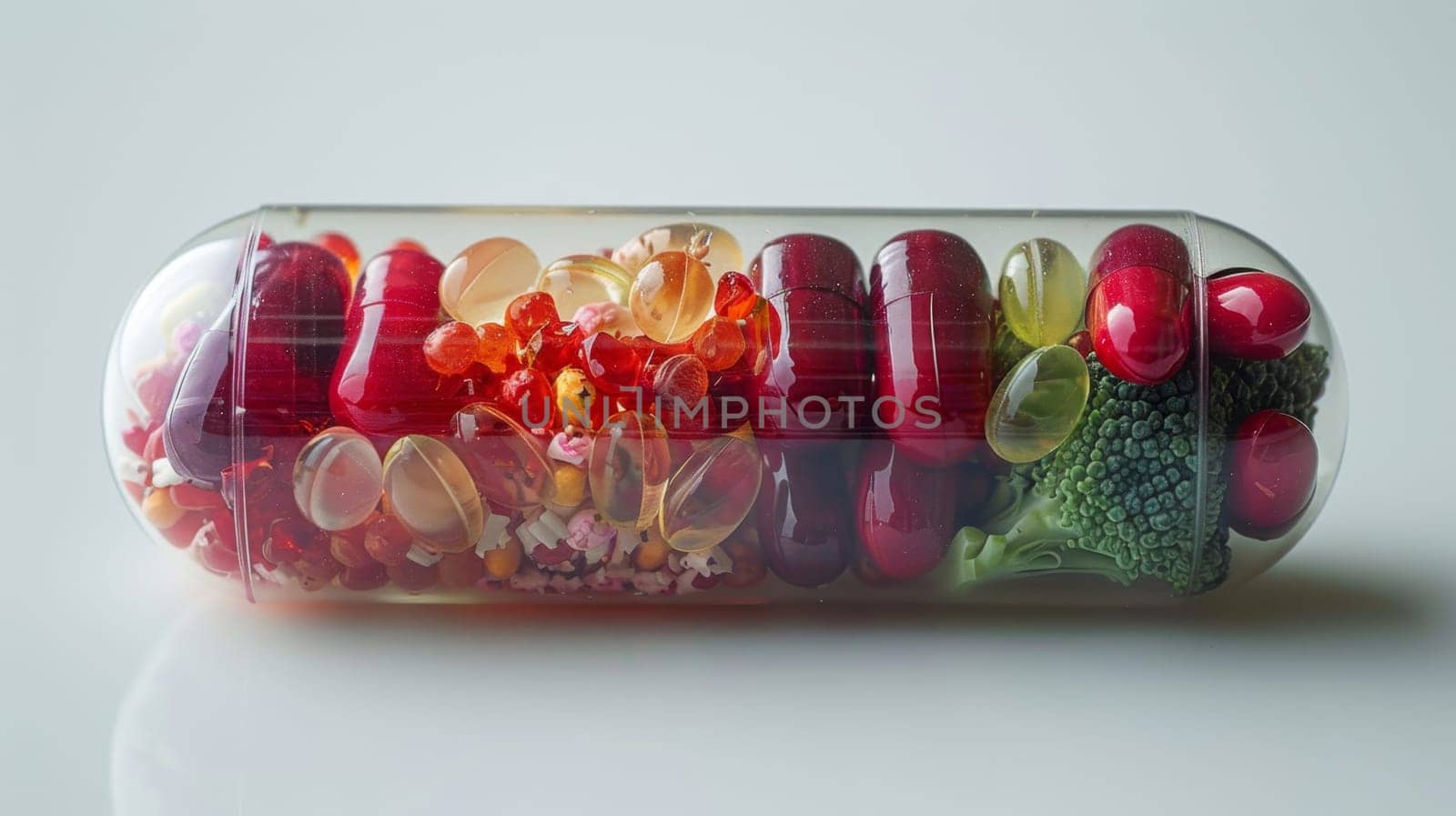 Vegetables and fruits inside the vitamin rich capsule on a white background . Natural products containing dietary fiber and minerals are good for health.