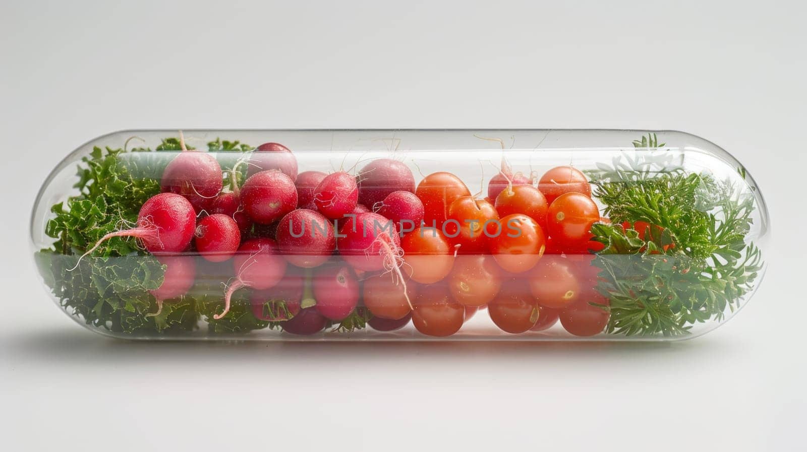 Vegetables and fruits inside the vitamin rich capsule on a white background . Natural products containing dietary fiber and minerals are good for health.