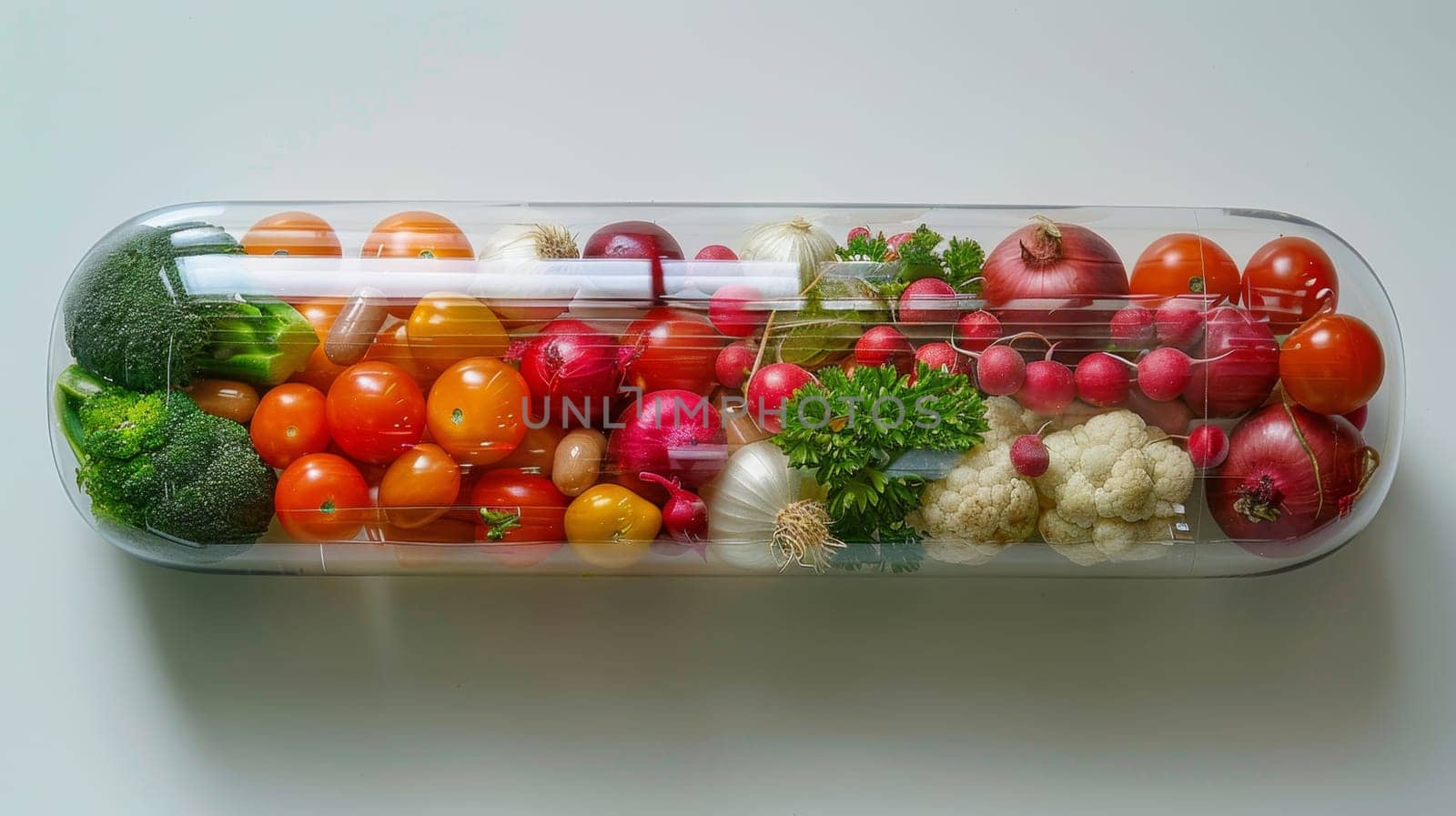 Vegetables and fruits inside the vitamin rich capsule on a white background . Natural products containing dietary fiber and minerals are good for health.