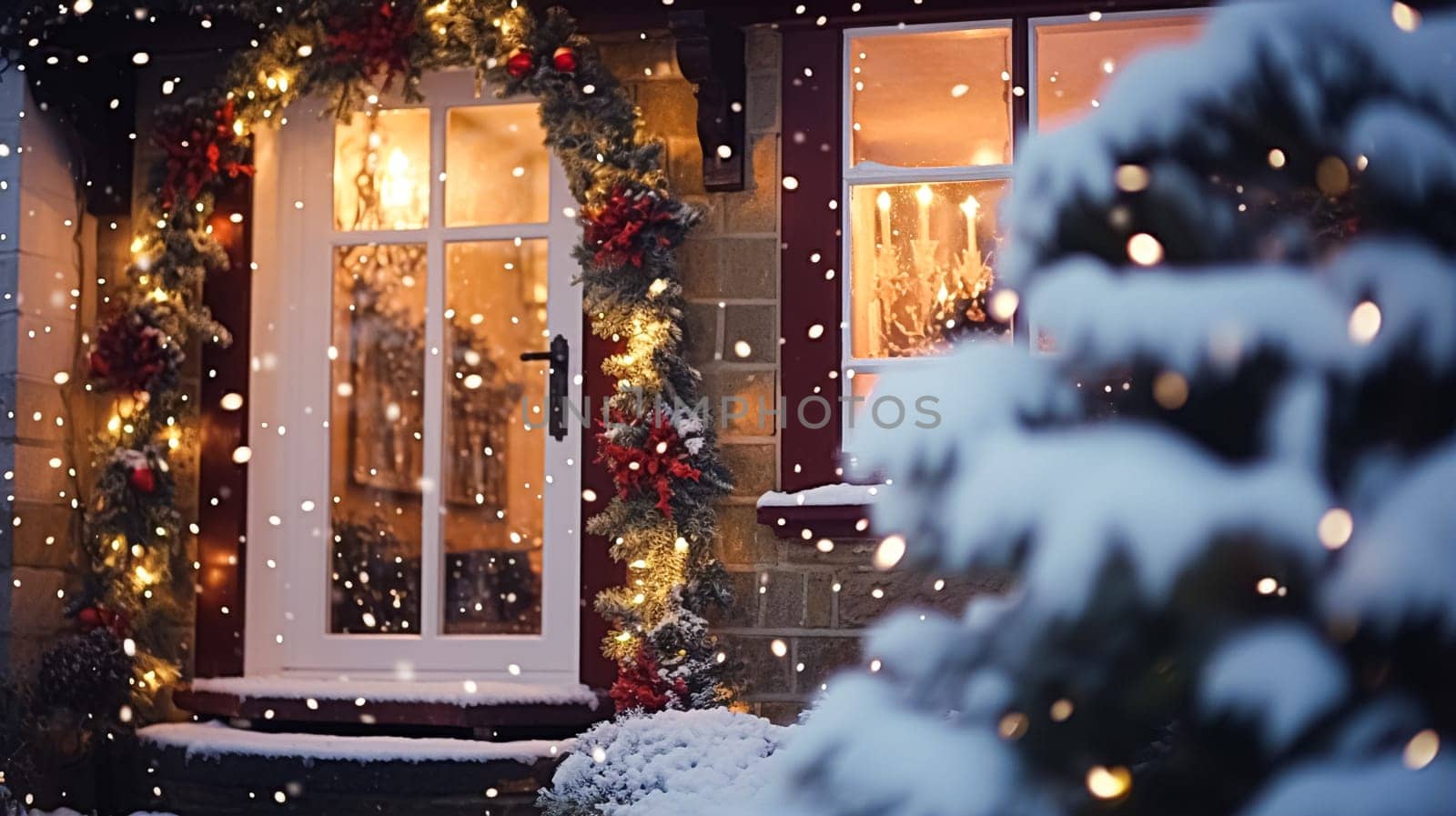 Christmas in the countryside, cottage and garden decorated for holidays on a snowy winter evening with snow and holiday lights, English country styling inspiration