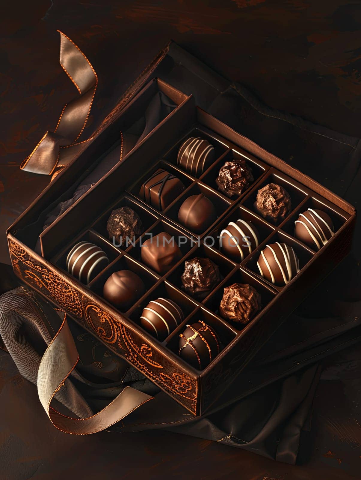 A detailed painting of an elegant box of chocolates on a table, showcasing luxurious presentation with ribbons and rich dark colors.