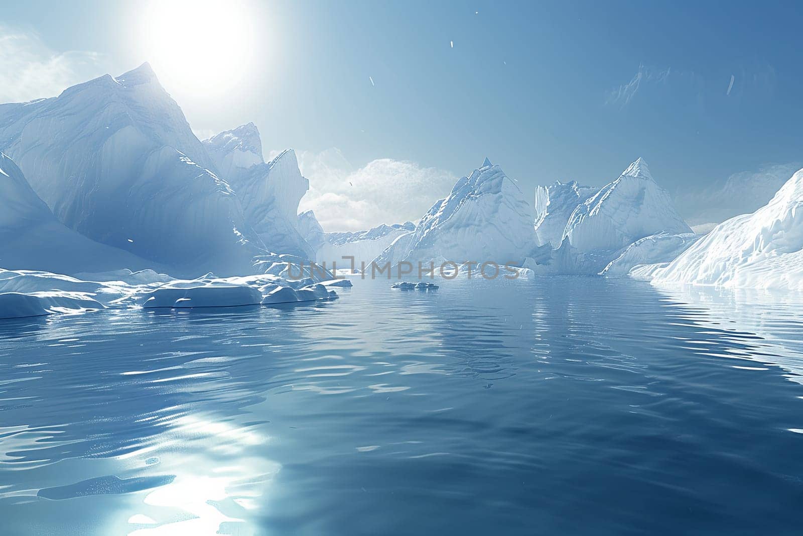 Multiple icebergs are seen floating in the ocean, reflecting light on their icy surface.