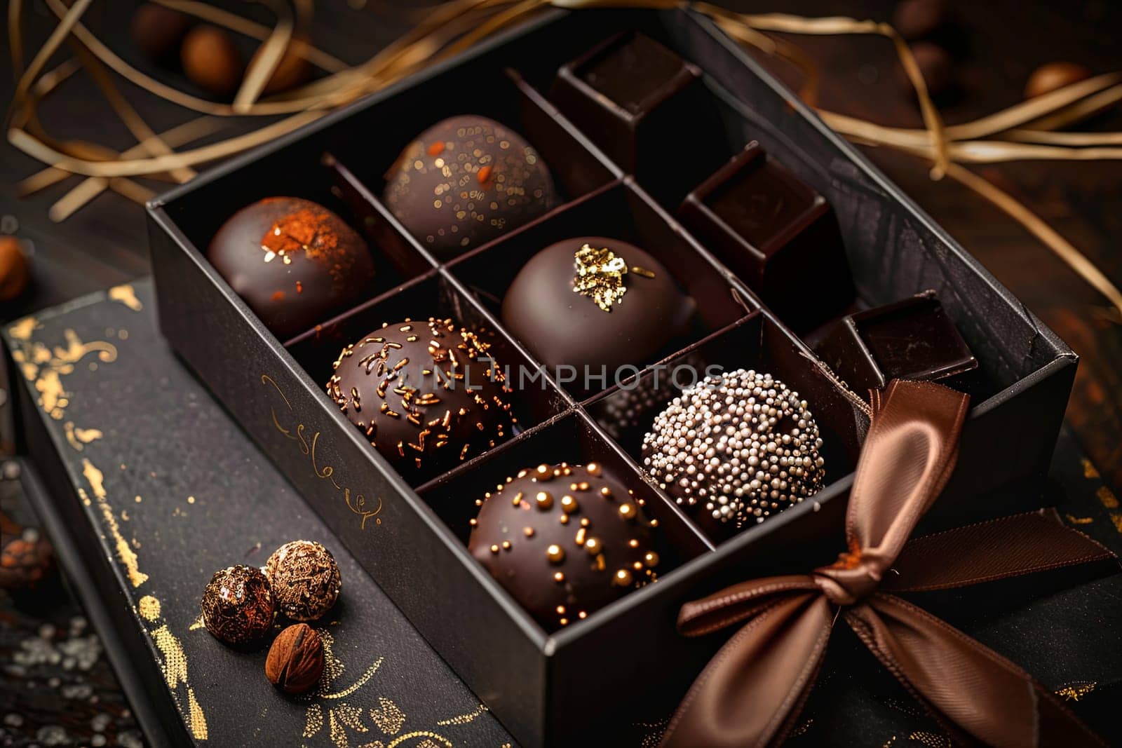 A luxurious box filled with an assortment of chocolate truffles, elegantly decorated with ribbons in rich dark colors.