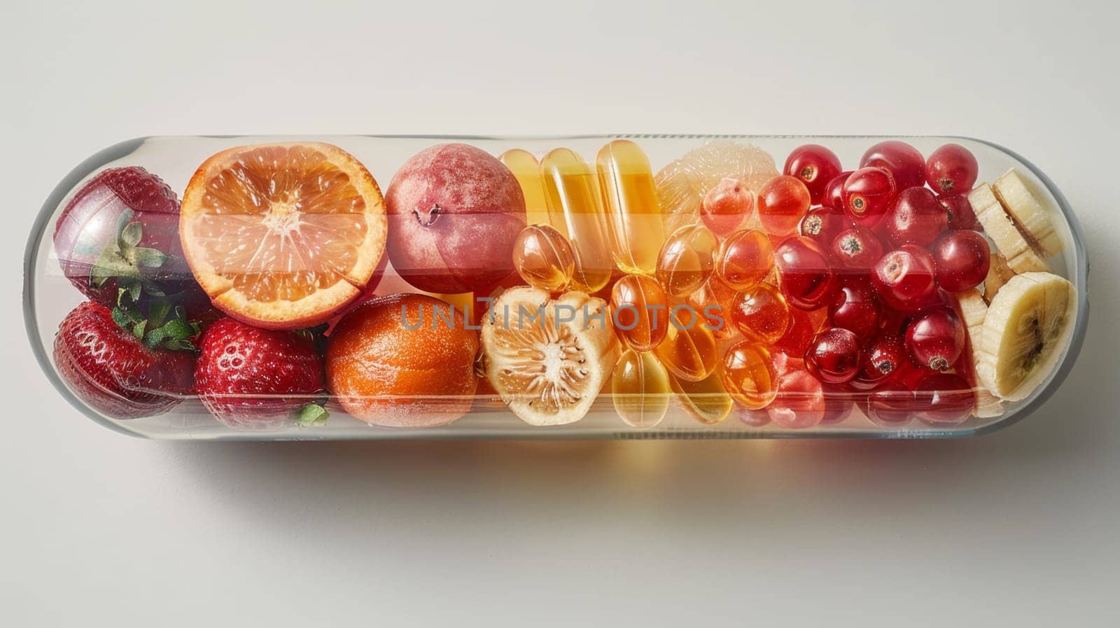 Vegetables and fruits inside the vitamin rich capsule on a white background . Natural products containing dietary fiber and minerals are good for health.