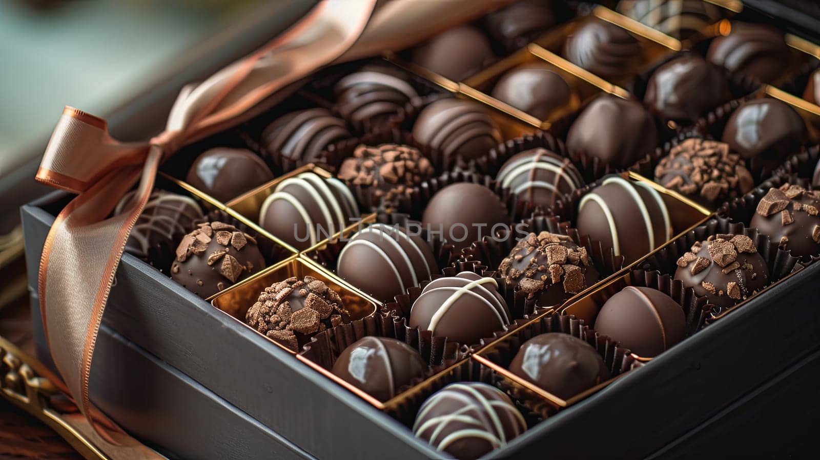 A detailed, elegant box of chocolate truffles adorned with ribbons in rich dark colors.