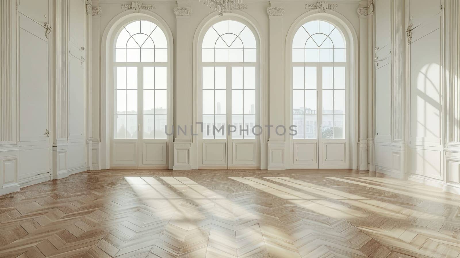 A vintage-style room with big windows and wooden floors, showcasing a spacious interior.