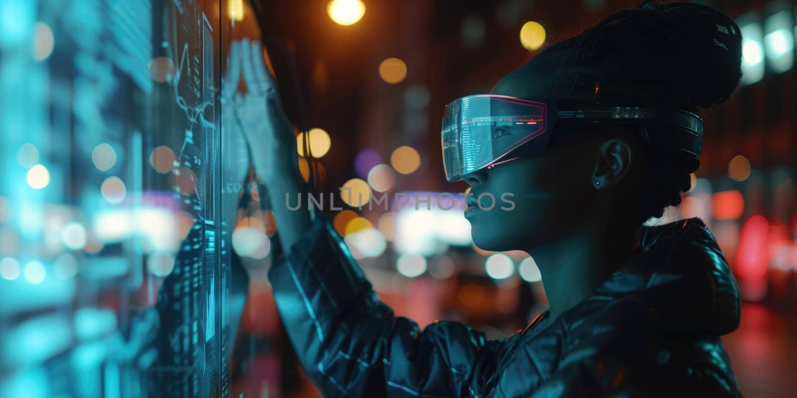 Business person wearing VR headset with financial statistic holographic floating. Close up of smart project manager looking at hologram of marketing graph while using visual reality goggle. AIG42.