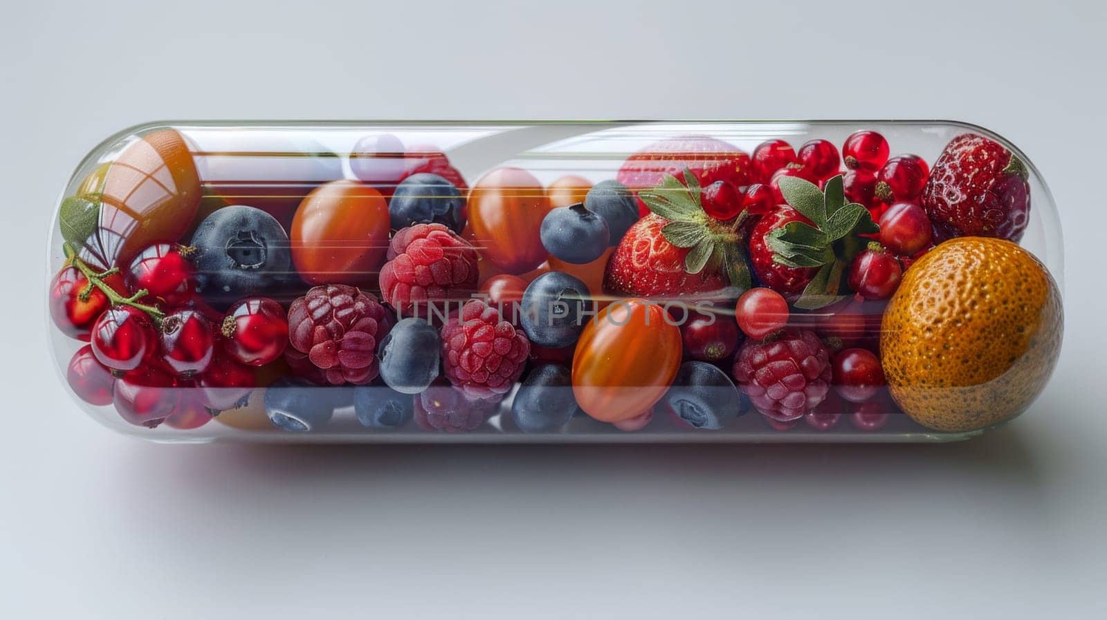 Vegetables and fruits inside the vitamin rich capsule on a white background . Natural products containing dietary fiber and minerals are good for health.