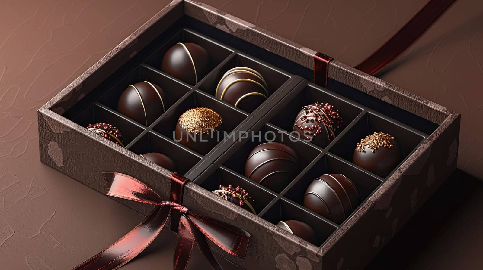 Elegant box of chocolate truffles with a ribbon tied around it, showcasing rich dark colors and luxurious presentation.