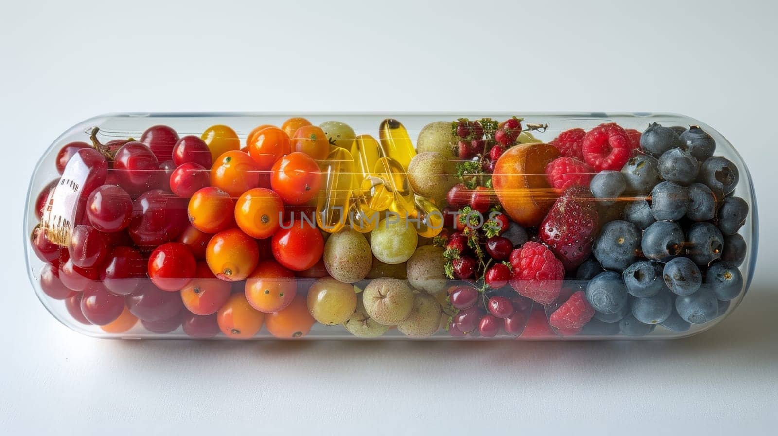 Vegetables and fruits inside the vitamin rich capsule on a white background . Natural products containing dietary fiber and minerals are good for health.