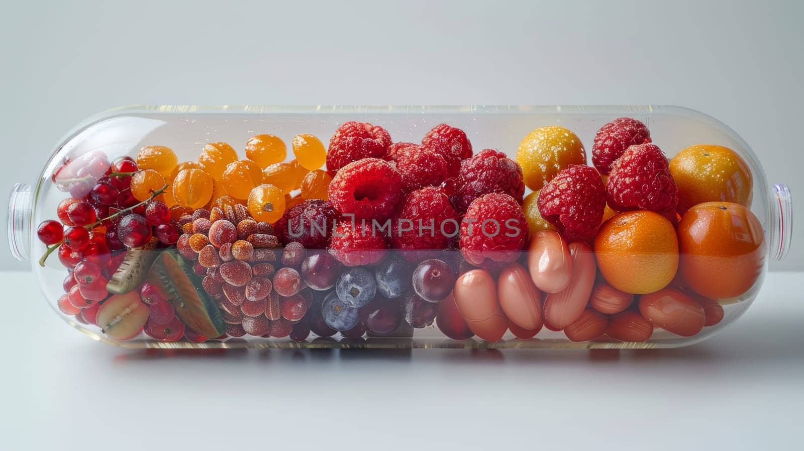 Vegetables and fruits inside the vitamin rich capsule on a white background . Natural products containing dietary fiber and minerals are good for health.