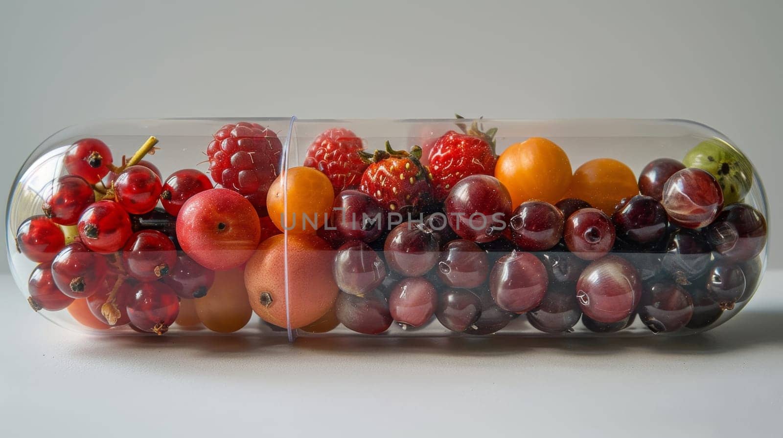 Vegetables and fruits inside the vitamin rich capsule on a white background . Natural products containing dietary fiber and minerals are good for health.