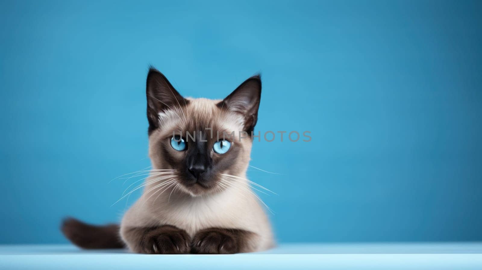 Siamese Cat Sitting Gracefully on Blue Background Concept Ample Space for Text.