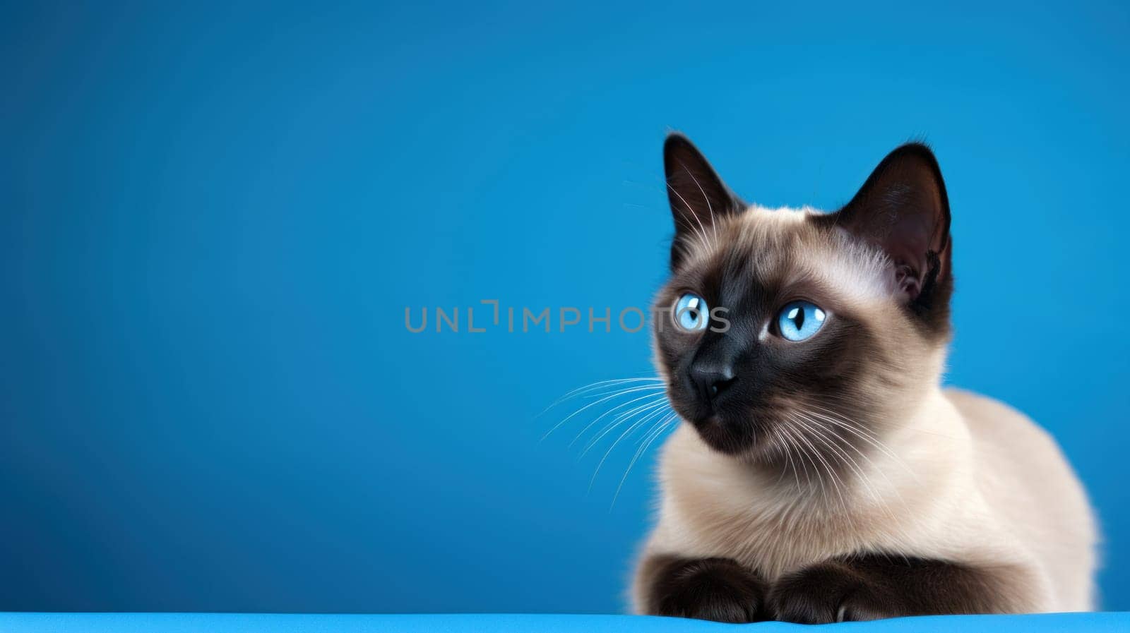 Siamese Cat Sitting Gracefully on Blue Background Concept Ample Space for Text.