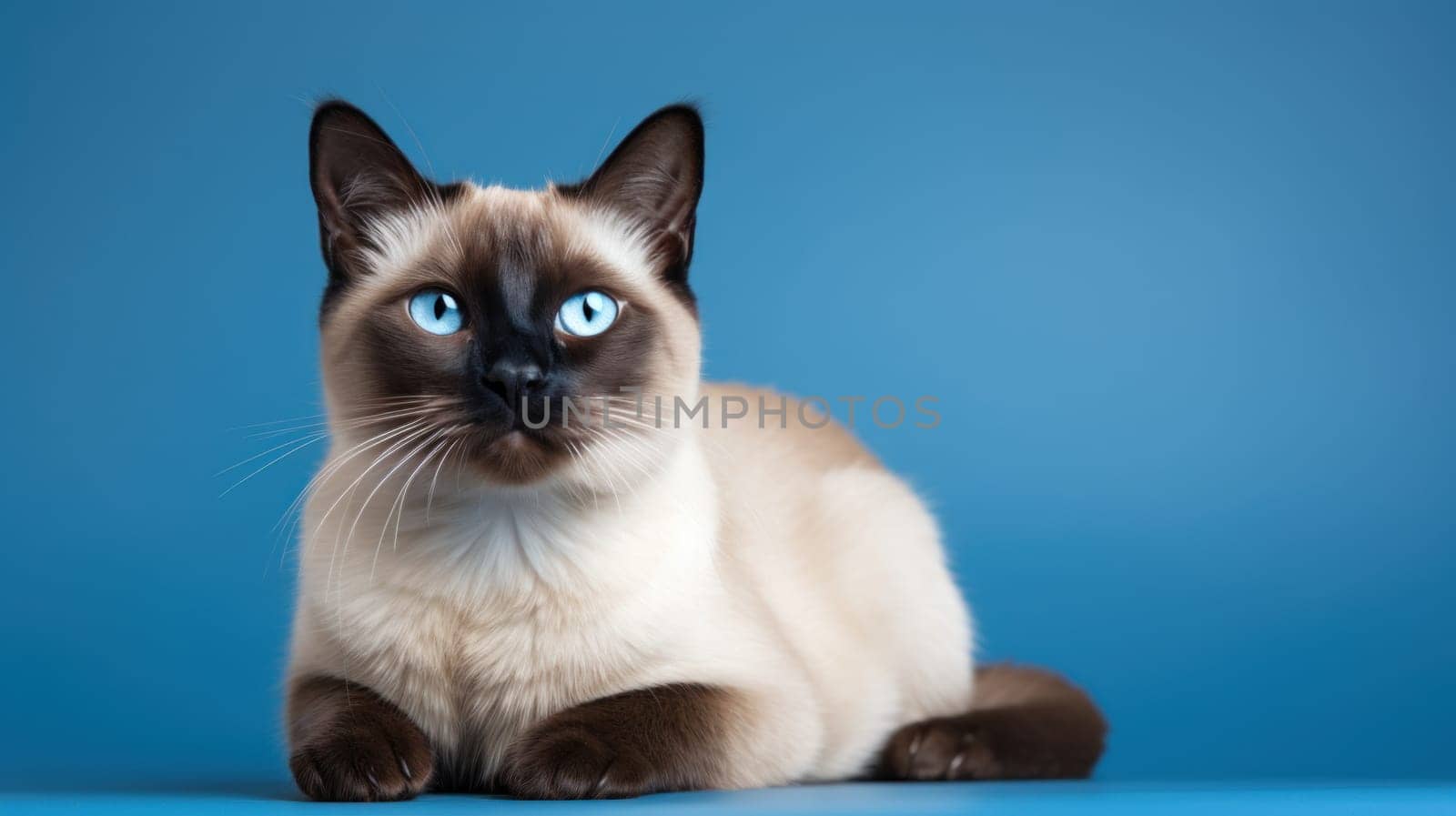 Siamese Cat Sitting Gracefully on Blue Background Concept Ample Space for Text.