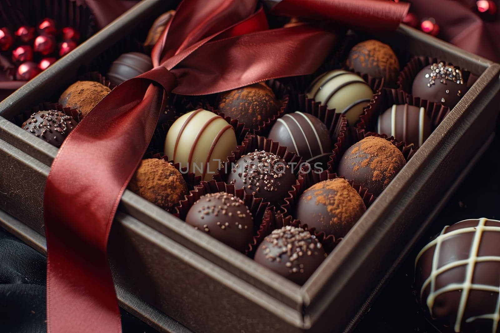 Luxurious assortment of rich dark chocolates in an elegant box adorned with a red ribbon.