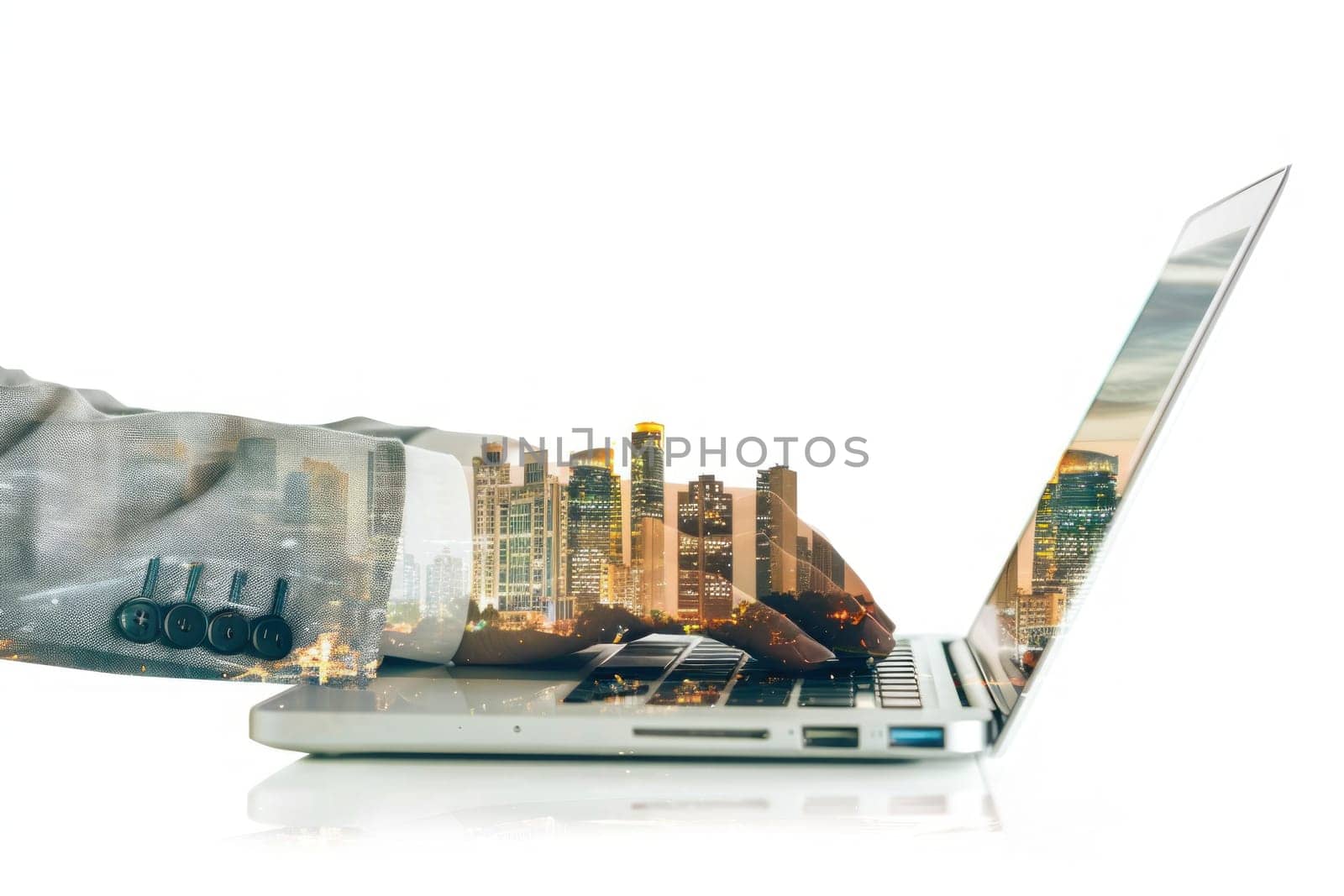 Businessman Using Laptop with Business City Double Exposure on White Background Concept Modern Urban Professionalism.