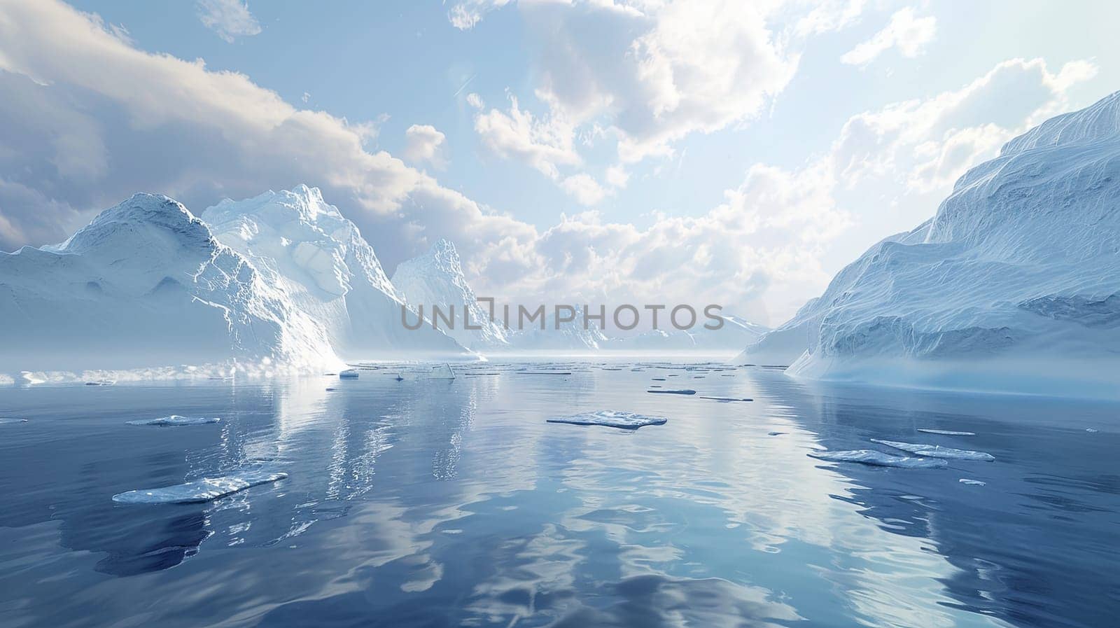 Multiple icebergs float in a body of water, reflecting the light in the cold Arctic environment.