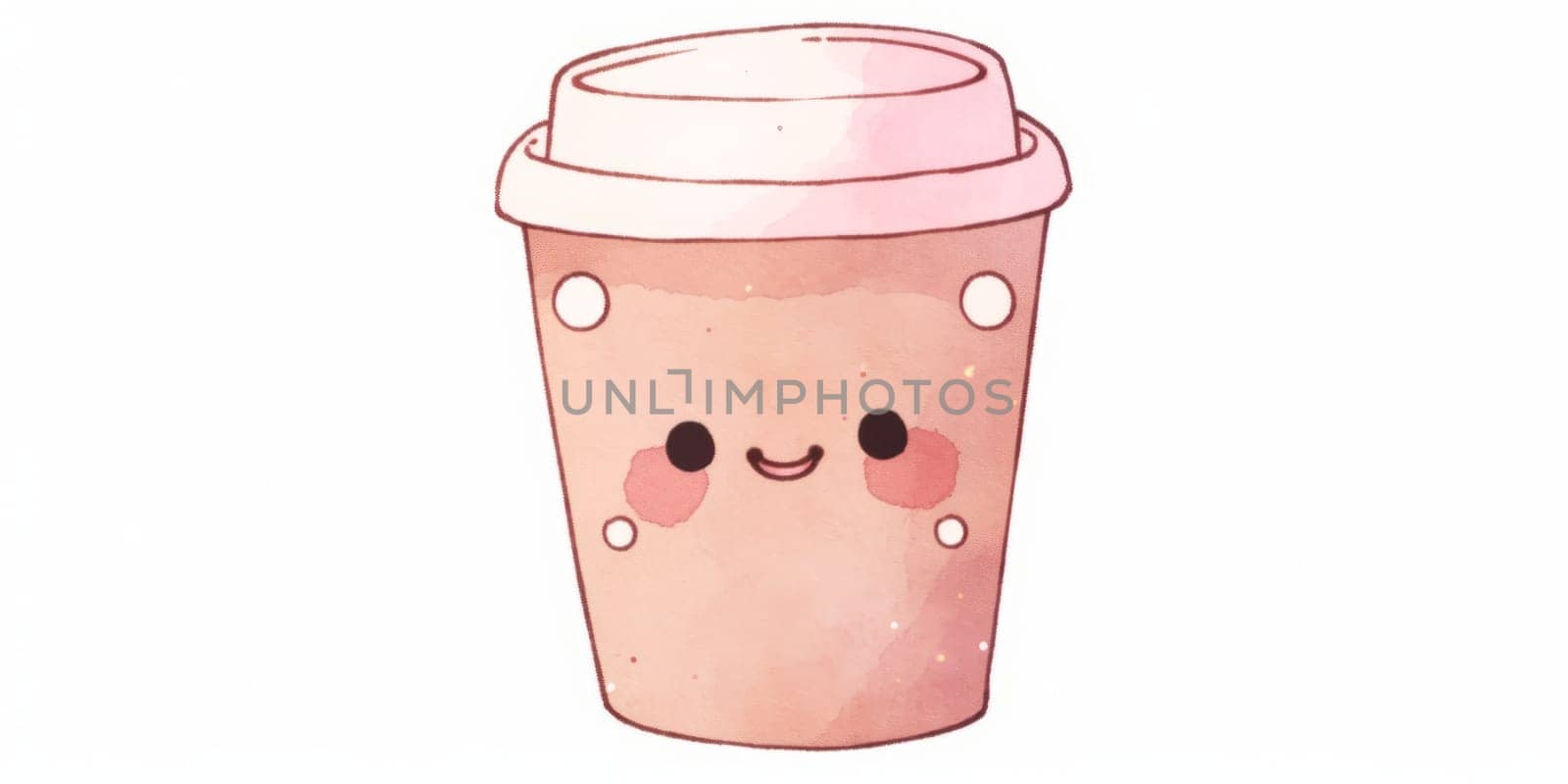 Smiley paper coffee cup character. Takeaway coffee hand drawn watercolor illustration