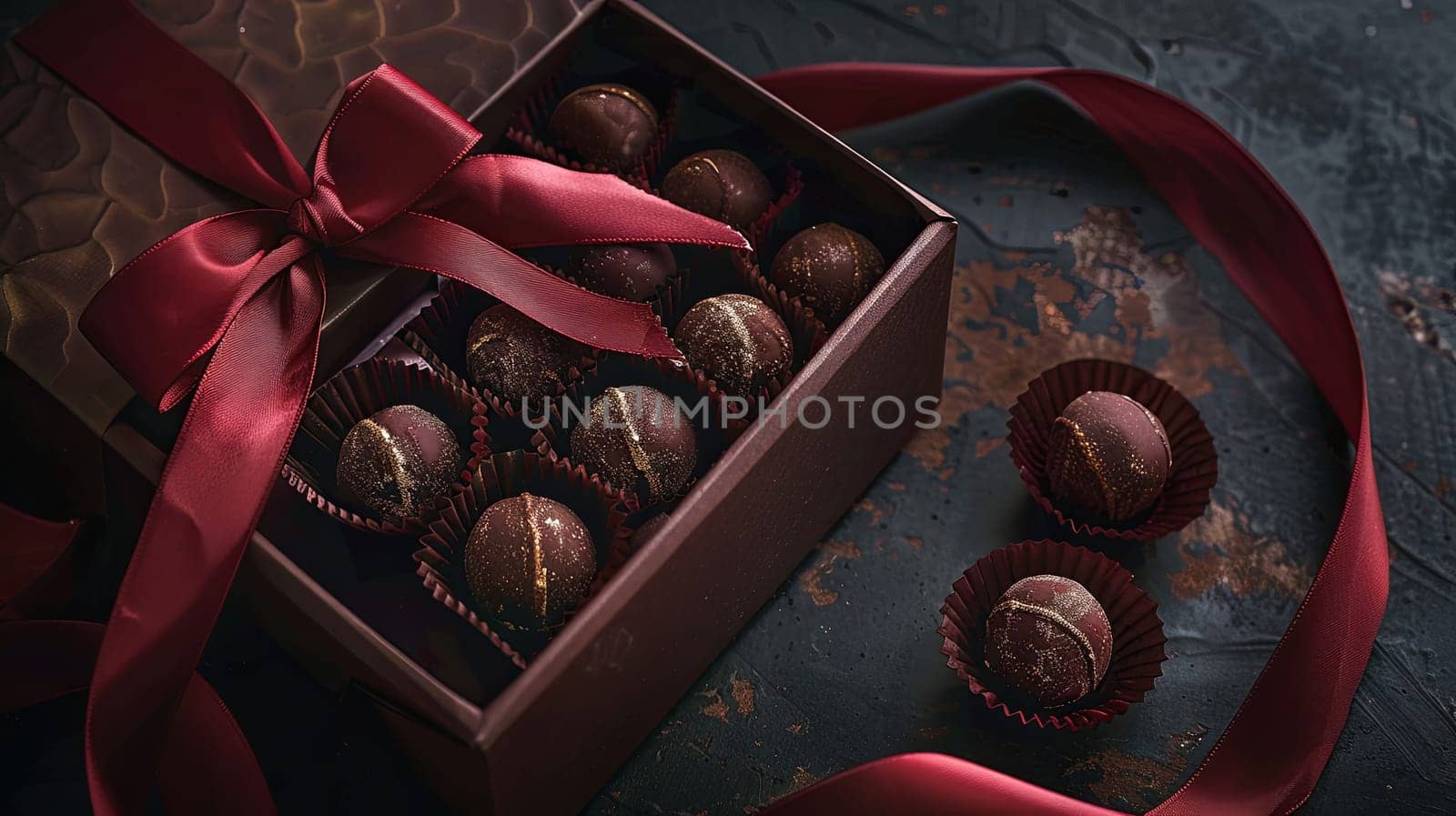 Luxurious box of chocolate truffles adorned with a vibrant red ribbon, creating an elegant presentation.