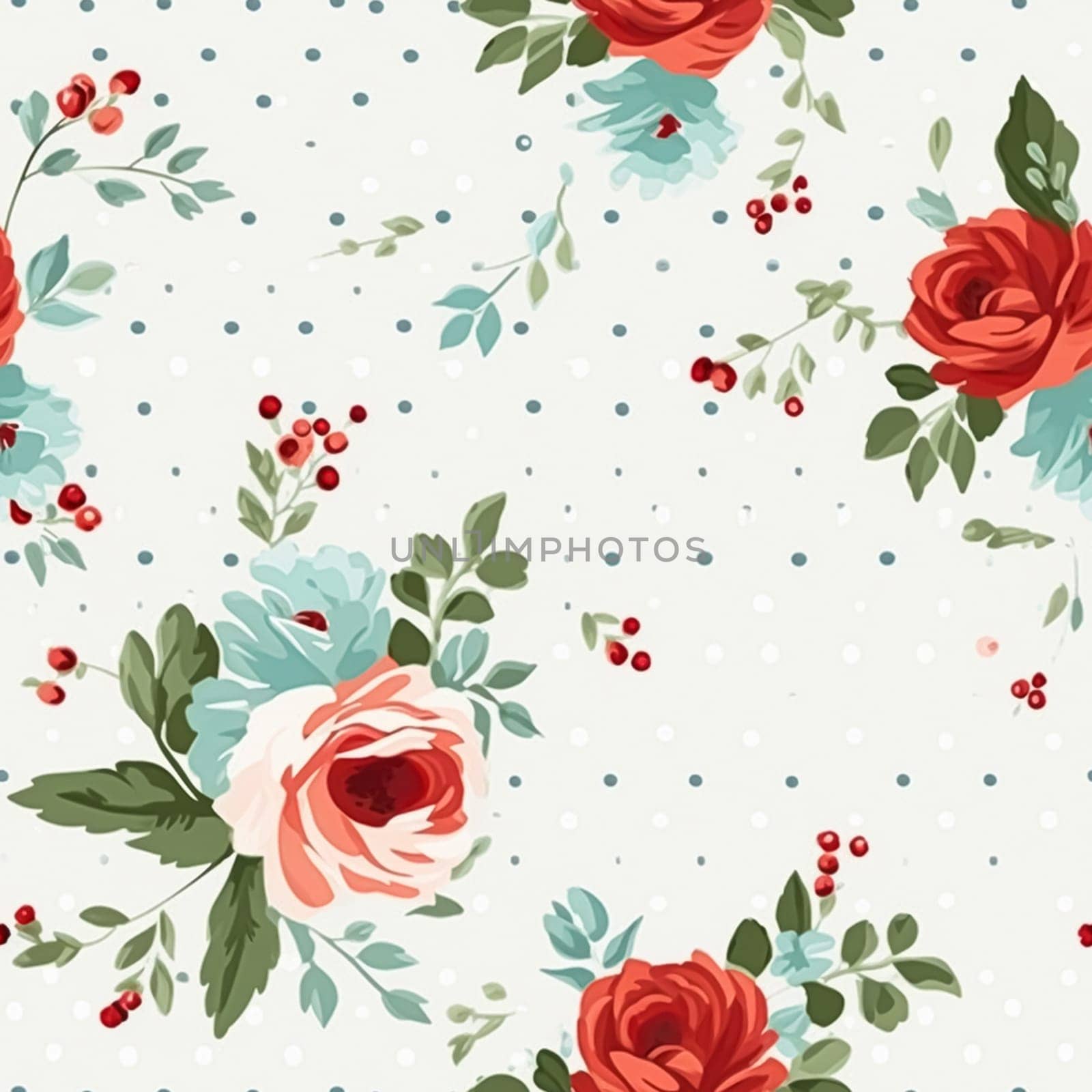 Seamless pattern, tileable Christmas holiday floral, country flowers dots print, English countryside roses for wallpaper, wrapping paper, scrapbook, fabric and product design motif