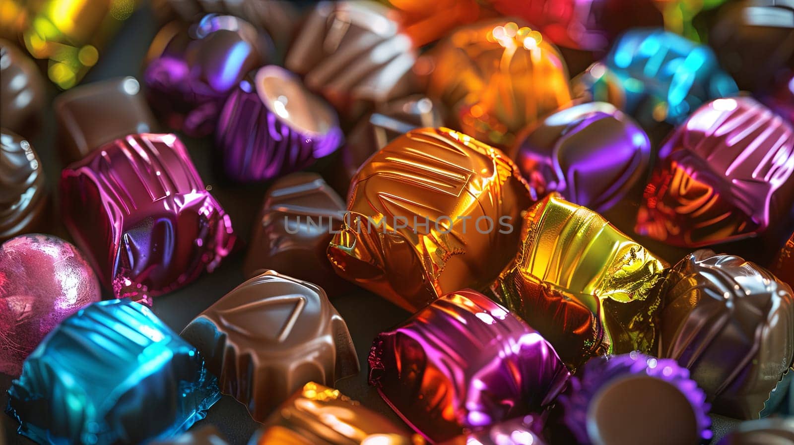A pile of assorted chocolates in colorful shiny wrappers stacked on top of each other.