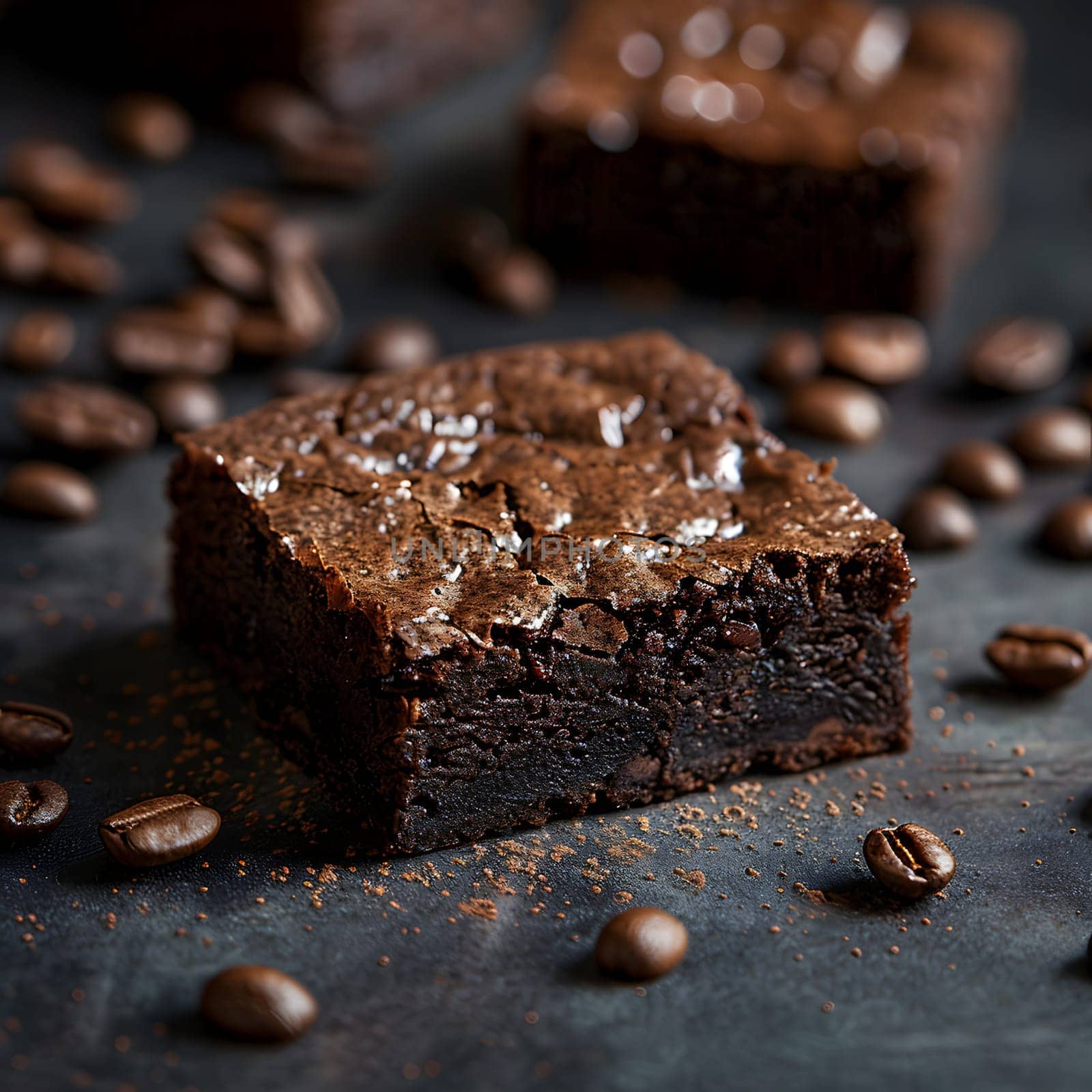 A brownie, a type of baked goods, is placed on a table surrounded by coffee beans. The food item is a glutenfree dessert made with ingredients like cocoa, sugar, and flour