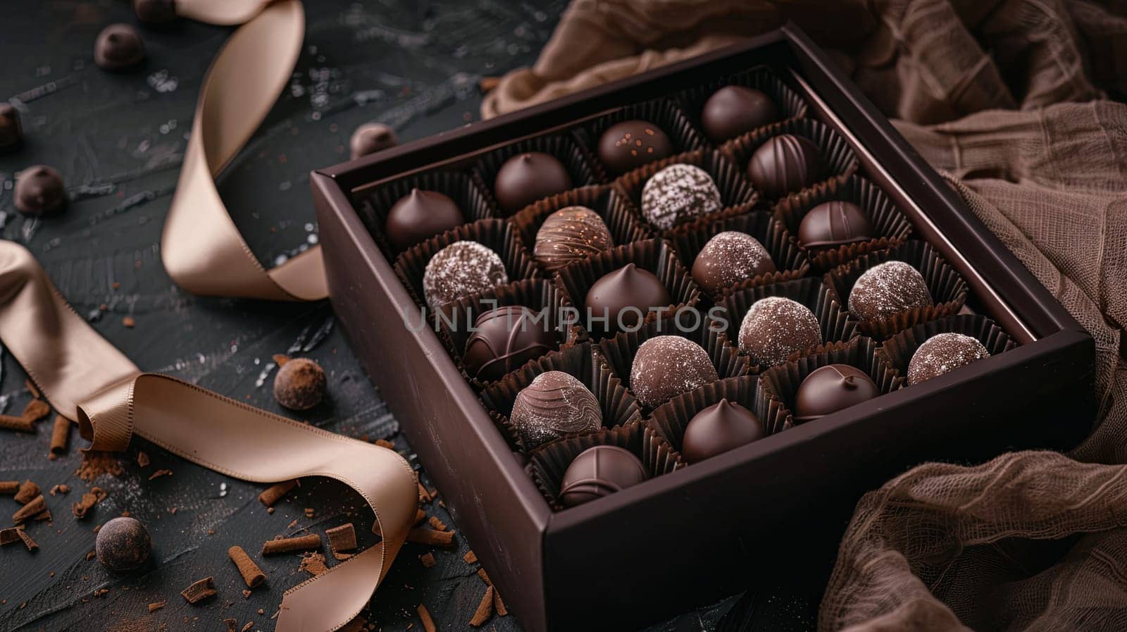 A luxurious box of chocolate truffles, decorated with ribbons, placed on top of a table.