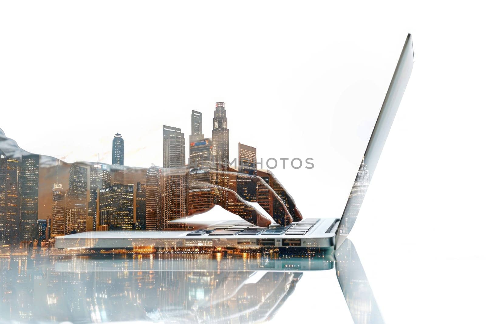 Businessman Using Laptop with Business City Double Exposure on White Background Concept Modern Urban Professionalism.