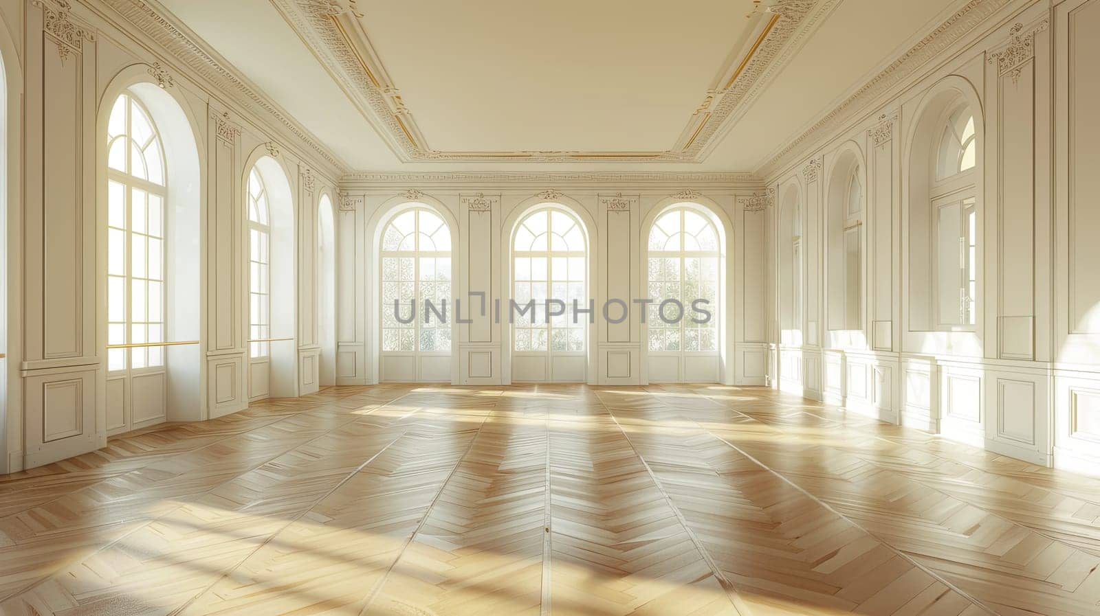 An empty vintage banquet hall with a parquet floor and abundant windows letting in light.