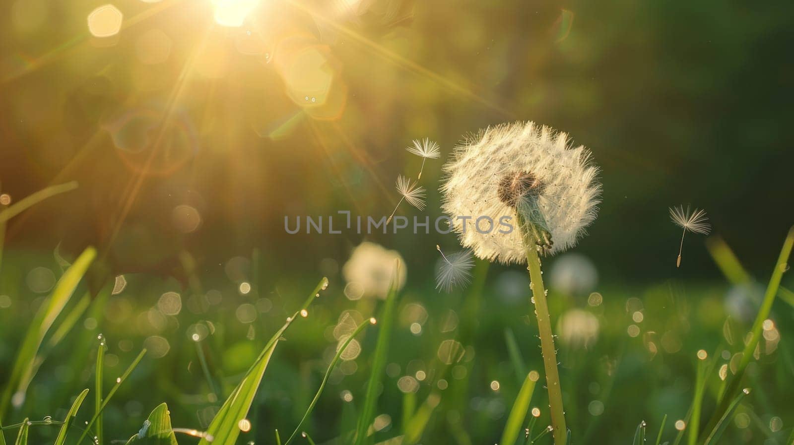 Dandelion in the Wind on Green Grass Spring Nature Background with Sun Rays and Bokeh Effect Concept Serene Natural Beauty.