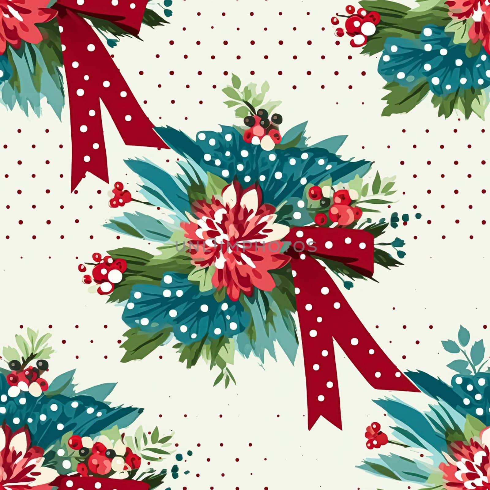 Seamless pattern, tileable Christmas holiday floral country dots print, English countryside flowers for wallpaper, wrapping paper, scrapbook, fabric and product design motif