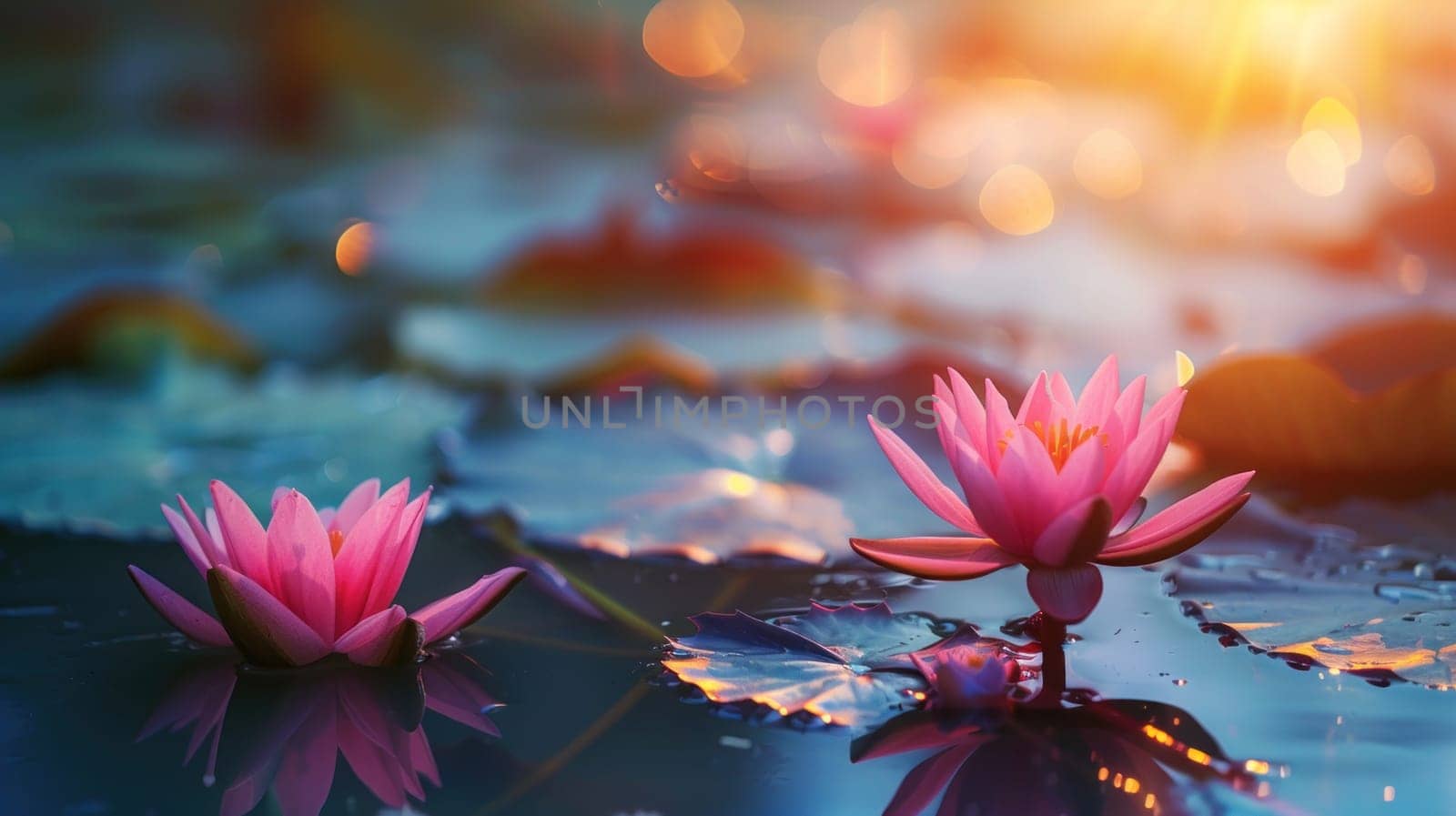 Lotus Flowers Blooming in Pond with Macro Lens Under Natural Light Concept Tranquil Summer Atmosphere.