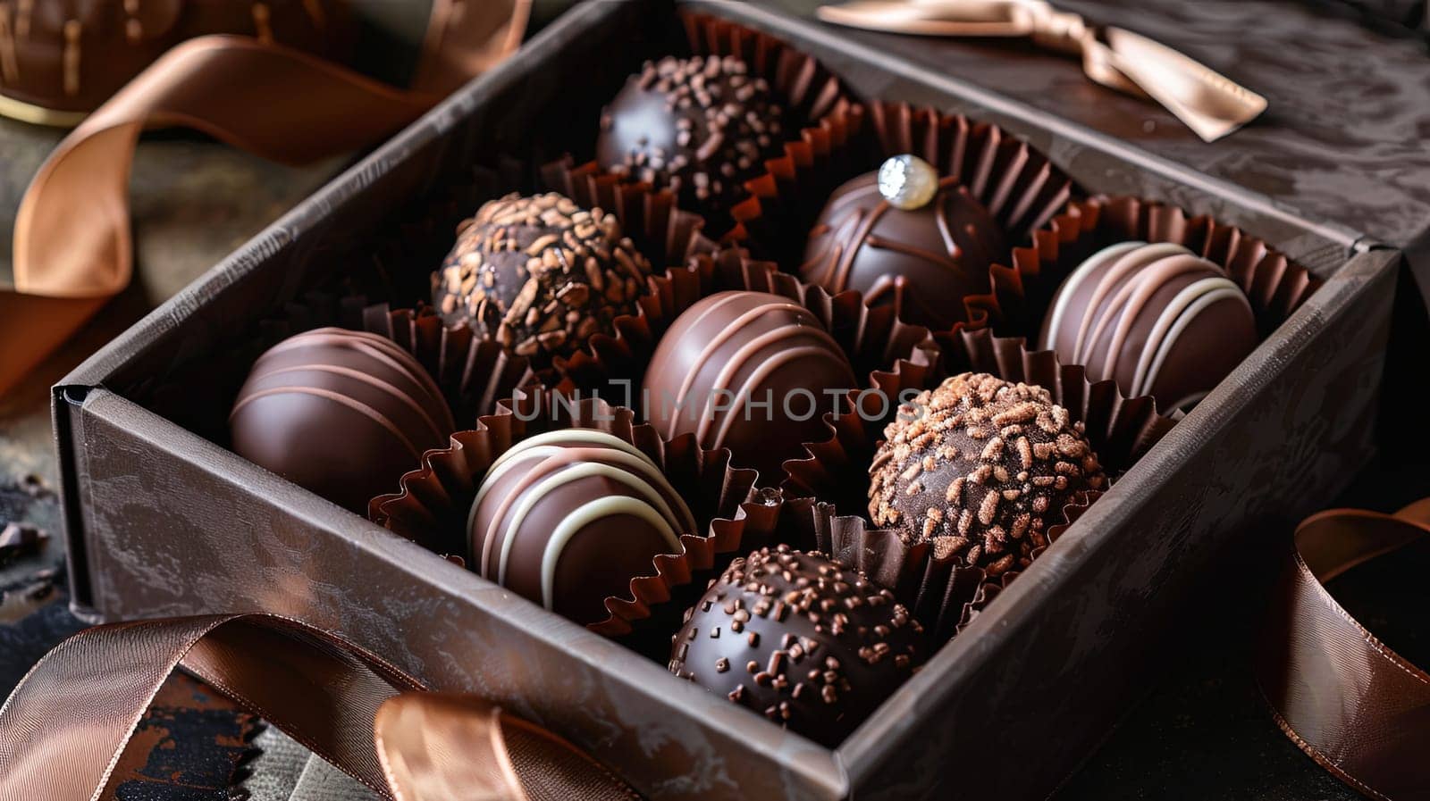 Luxurious box filled with rich dark chocolates, adorned with ribbons, placed on top of a table.