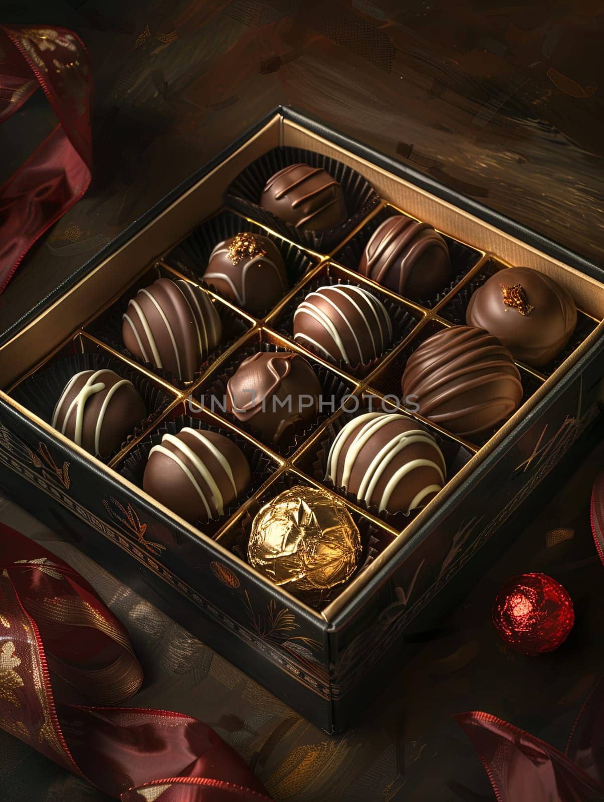 A box of elegant chocolate truffles, adorned with ribbons, placed on top of a table.