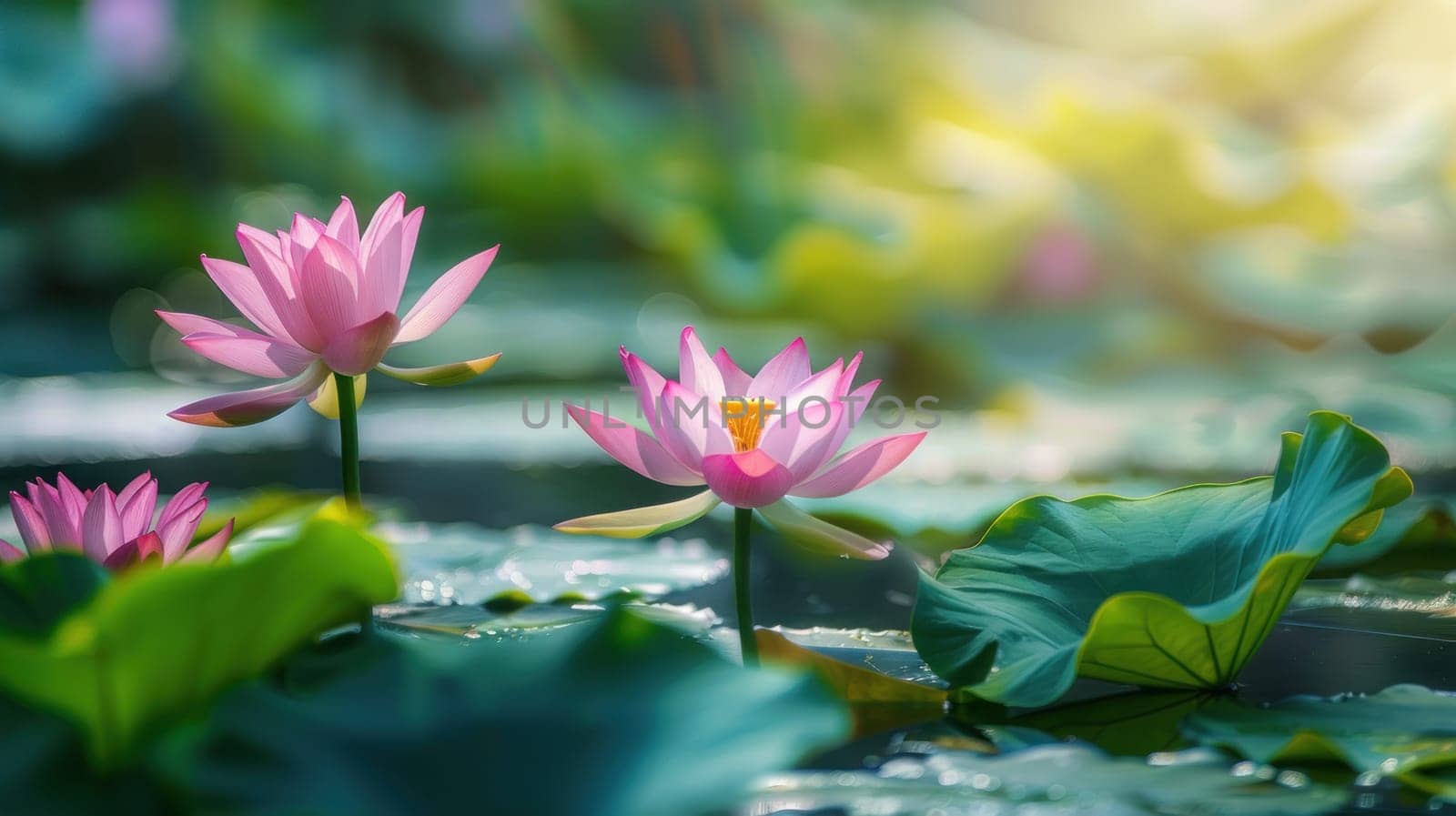 Lotus Flowers Blooming in Pond with Macro Lens Under Natural Light Concept Tranquil Summer Atmosphere.