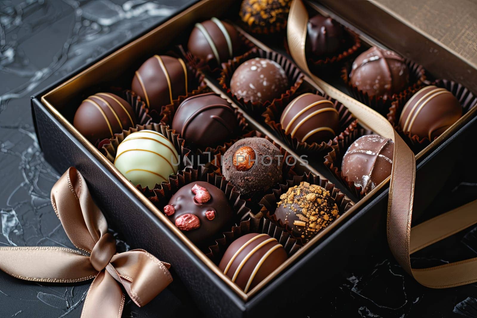 A luxurious box of assorted chocolates, elegantly decorated, placed on a table.