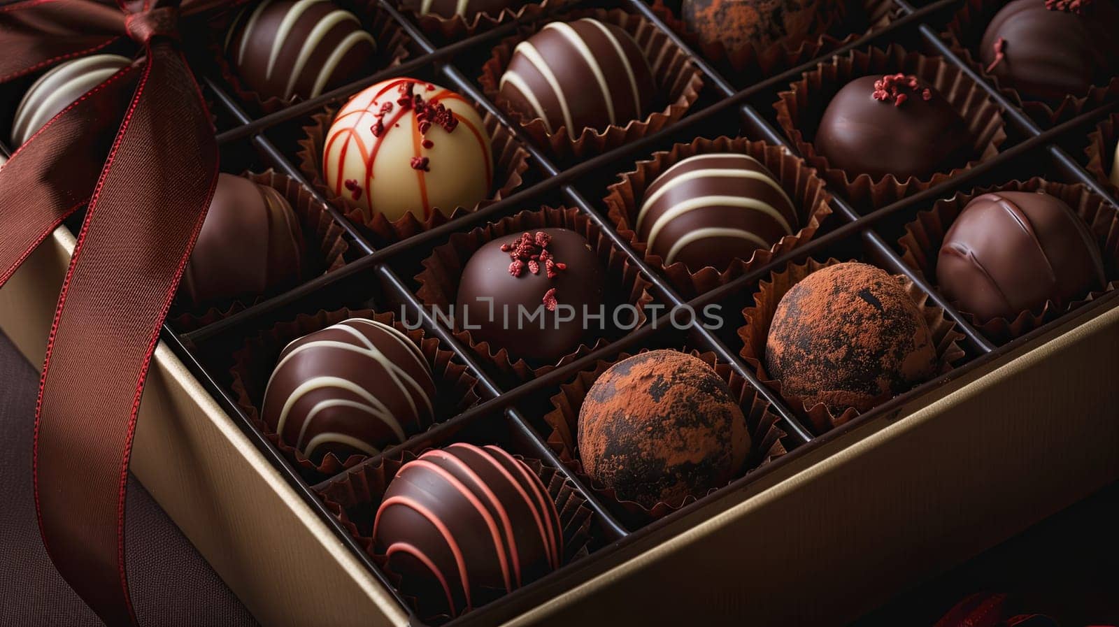 Detailed view of an elegant box of chocolate truffles adorned with a red ribbon, exuding luxury and sophistication.