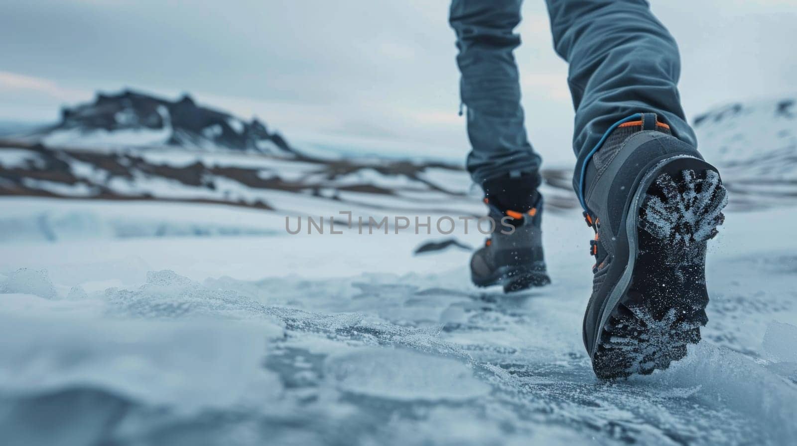 Close up of the feet and boots walking on snow.
