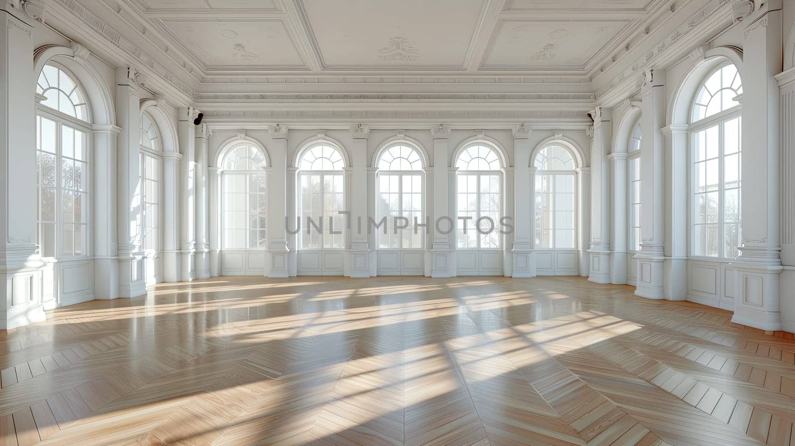Vintage-style banquet hall with parquet floors and expansive windows.